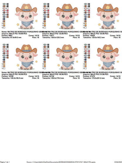 Pig embroidery design - Farm Animal Cowboy machine embroidery pattern - Baby boy file - Ranch Swine Piggy with hat - Instant download pes