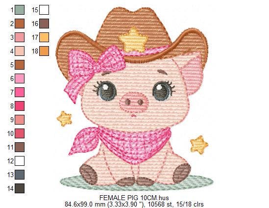 Pig embroidery design - Farm Animal Cowboy machine embroidery pattern - Baby girl cowgirl file - Swine Piggy with hat - Instant download pes