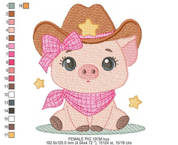 Pig embroidery design - Farm Animal Cowboy machine embroidery pattern - Baby girl cowgirl file - Swine Piggy with hat - Instant download pes
