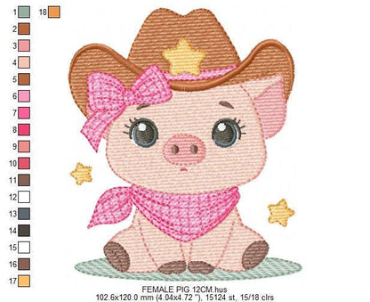 Pig embroidery design - Farm Animal Cowboy machine embroidery pattern - Baby girl cowgirl file - Swine Piggy with hat - Instant download pes