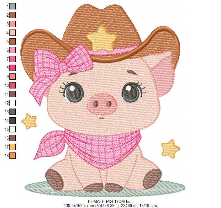 Pig embroidery design - Farm Animal Cowboy machine embroidery pattern - Baby girl cowgirl file - Swine Piggy with hat - Instant download pes