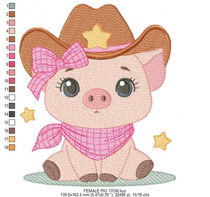 Pig embroidery design - Farm Animal Cowboy machine embroidery pattern - Baby girl cowgirl file - Swine Piggy with hat - Instant download pes