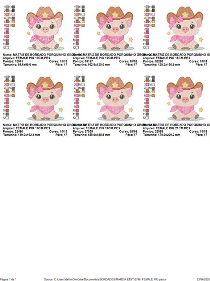 Pig embroidery design - Farm Animal Cowboy machine embroidery pattern - Baby girl cowgirl file - Swine Piggy with hat - Instant download pes