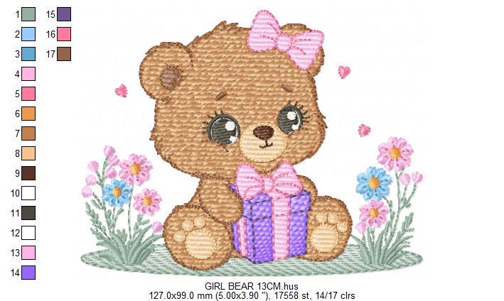 Birthday Teddy Bear embroidery designs - Baby girl bear machine embroidery pattern - Bear with gift file - Instant download pes jef dst hus