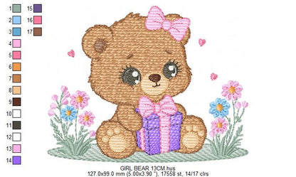 Birthday Teddy Bear embroidery designs - Baby girl bear machine embroidery pattern - Bear with gift file - Instant download pes jef dst hus