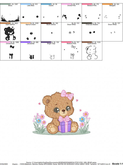 Birthday Teddy Bear embroidery designs - Baby girl bear machine embroidery pattern - Bear with gift file - Instant download pes jef dst hus