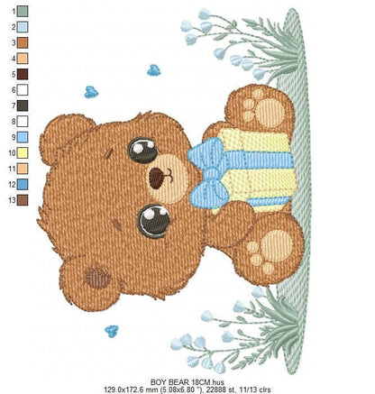 Birthday Teddy Bear embroidery designs - Baby boy Bear with gift machine embroidery pattern - Cute Teddy Bear file - Instant download pes