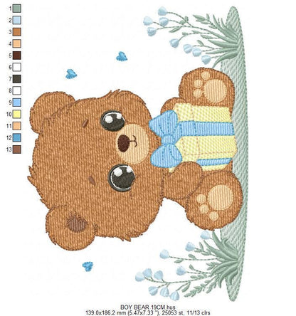 Birthday Teddy Bear embroidery designs - Baby boy Bear with gift machine embroidery pattern - Cute Teddy Bear file - Instant download pes