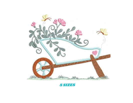 Flower cart embroidery designs - Flowercart Garden with butterflies machine embroidery pattern - Floral kitchen towel - Instant download