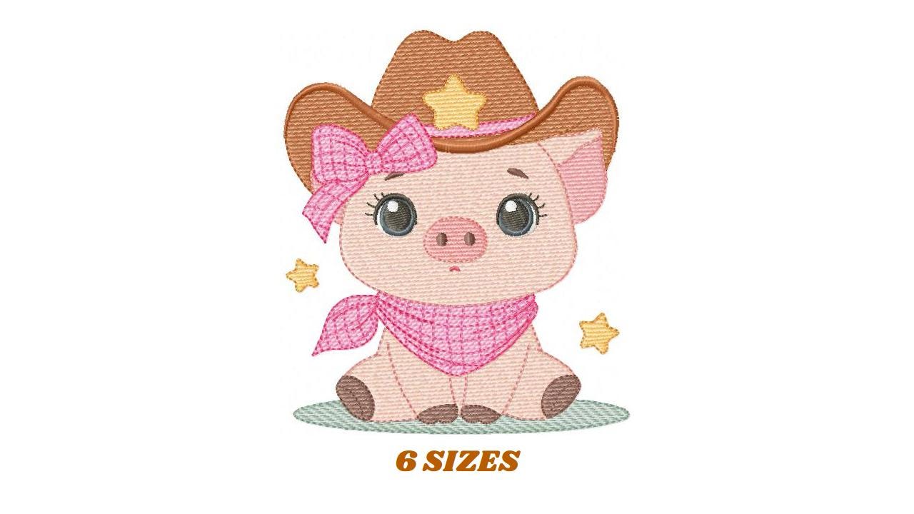 Pig embroidery design - Farm Animal Cowboy machine embroidery pattern - Baby girl cowgirl file - Swine Piggy with hat - Instant download pes