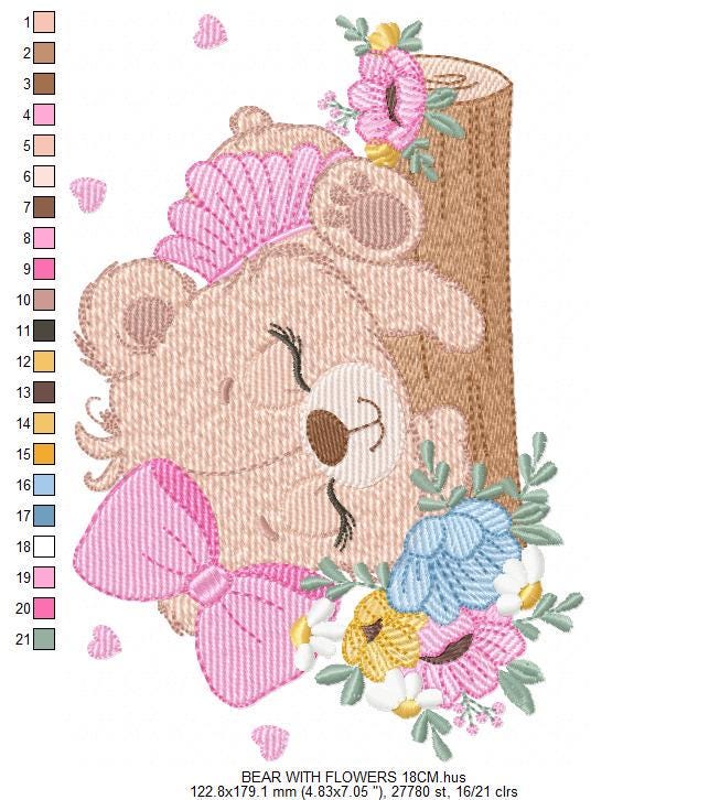 Teddy Bear embroidery designs - Baby girl Bear machine embroidery pattern - Bear with flowers file - Instant digital download pes jef dst