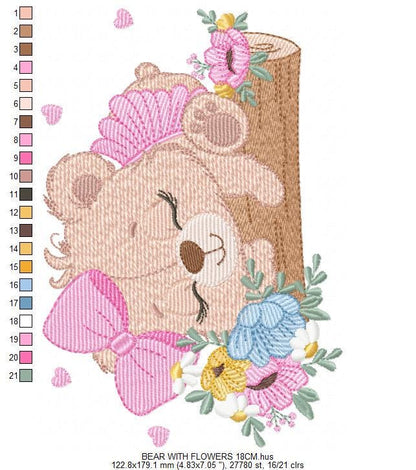 Teddy Bear embroidery designs - Baby girl Bear machine embroidery pattern - Bear with flowers file - Instant digital download pes jef dst