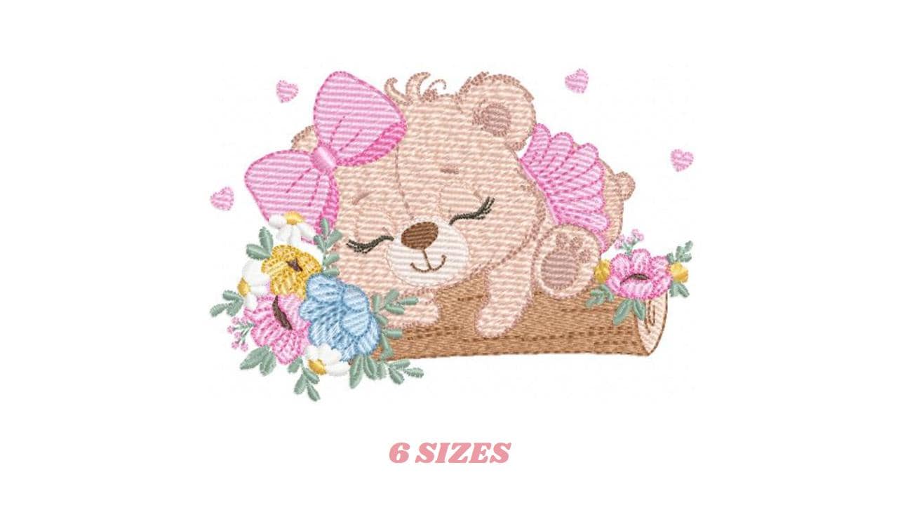Teddy Bear embroidery designs - Baby girl Bear machine embroidery pattern - Bear with flowers file - Instant digital download pes jef dst