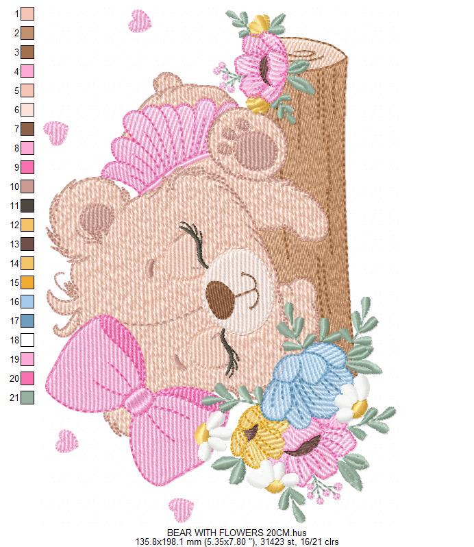 Teddy Bear embroidery designs - Baby girl Bear machine embroidery pattern - Bear with flowers file - Instant digital download pes jef dst