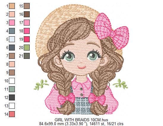 Girl Farmer embroidery designs - Farmer with hat and braids machine embroidery pattern - Girl with long hair file - Instant digital download