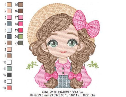 Girl Farmer embroidery designs - Farmer with hat and braids machine embroidery pattern - Girl with long hair file - Instant digital download