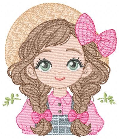 Girl Farmer embroidery designs - Farmer with hat and braids machine embroidery pattern - Girl with long hair file - Instant digital download