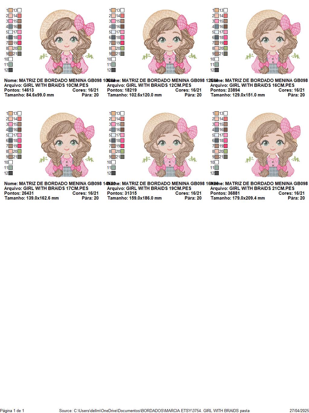 Girl Farmer embroidery designs - Farmer with hat and braids machine embroidery pattern - Girl with long hair file - Instant digital download