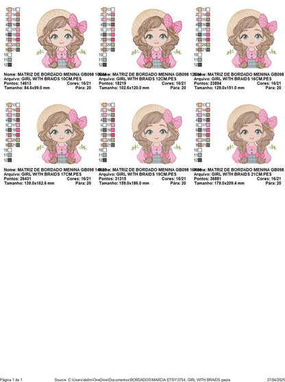 Girl Farmer embroidery designs - Farmer with hat and braids machine embroidery pattern - Girl with long hair file - Instant digital download