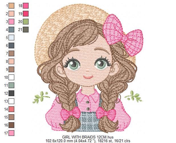 Girl Farmer embroidery designs - Farmer with hat and braids machine embroidery pattern - Girl with long hair file - Instant digital download