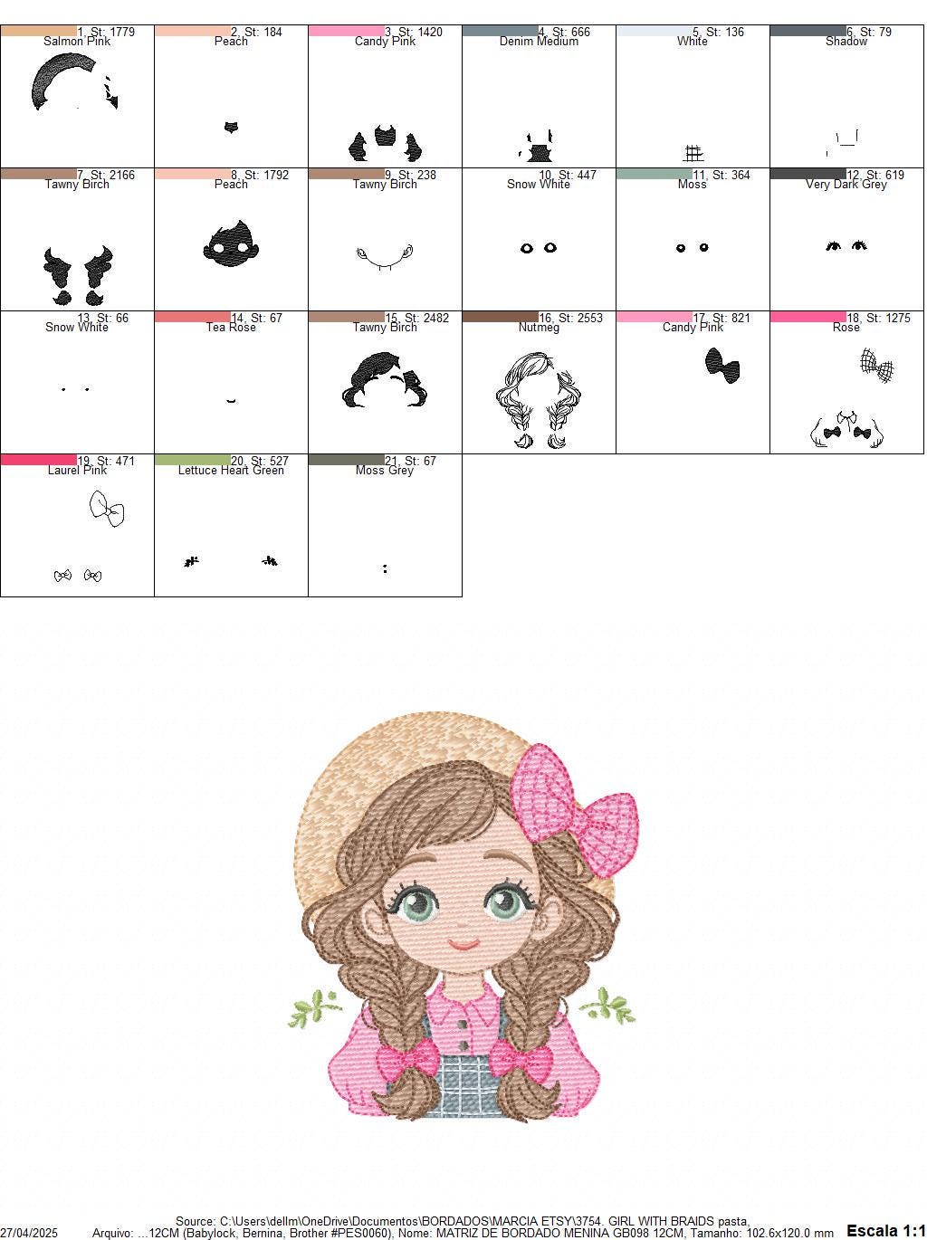 Girl Farmer embroidery designs - Farmer with hat and braids machine embroidery pattern - Girl with long hair file - Instant digital download