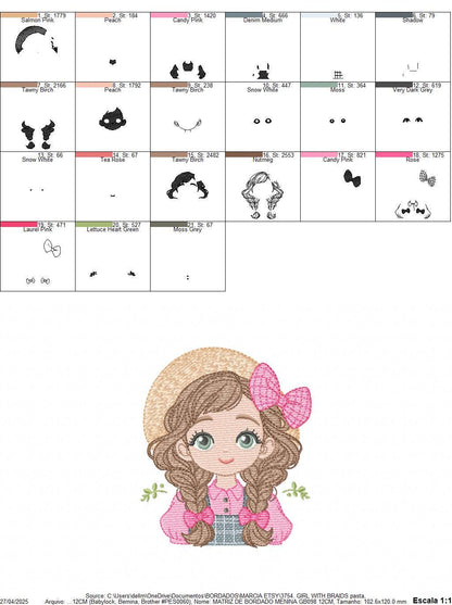 Girl Farmer embroidery designs - Farmer with hat and braids machine embroidery pattern - Girl with long hair file - Instant digital download