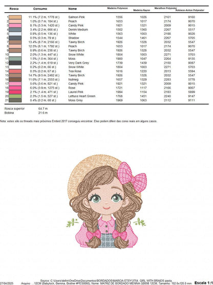 Girl Farmer embroidery designs - Farmer with hat and braids machine embroidery pattern - Girl with long hair file - Instant digital download