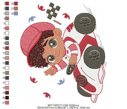 Baby Boy with F1 car embroidery designs - Toddler playing machine embroidery pattern - Boy with cap - Instant digital download pes jef dst
