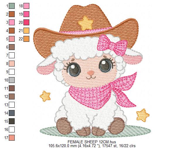 Sheep embroidery design - Cowgirl Lamb machine embroidery pattern - Baby girl Sheep with cowboy hat file - Instant digital download pes jef