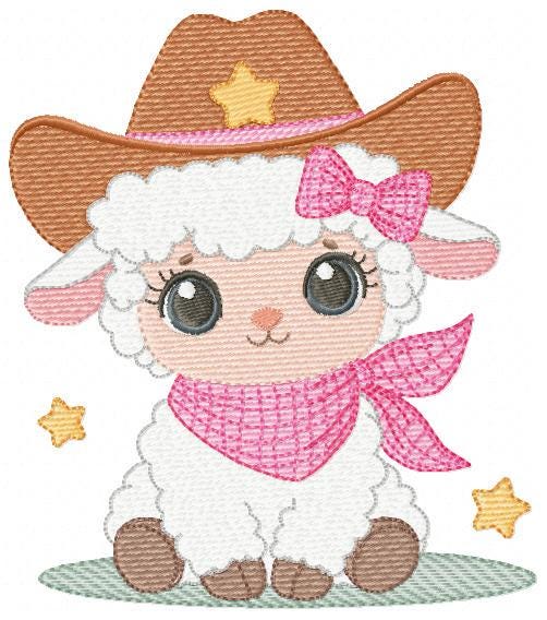 Sheep embroidery design - Cowgirl Lamb machine embroidery pattern - Baby girl Sheep with cowboy hat file - Instant digital download pes jef