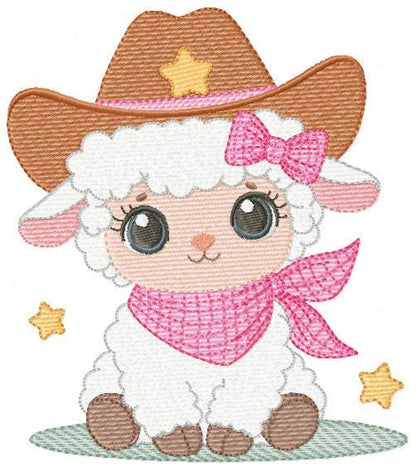 Sheep embroidery design - Cowgirl Lamb machine embroidery pattern - Baby girl Sheep with cowboy hat file - Instant digital download pes jef