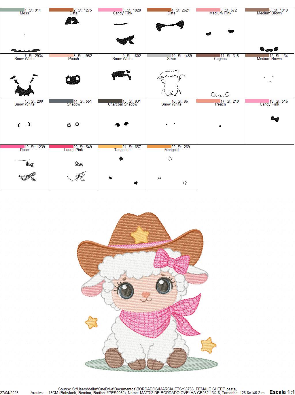 Sheep embroidery design - Cowgirl Lamb machine embroidery pattern - Baby girl Sheep with cowboy hat file - Instant digital download pes jef