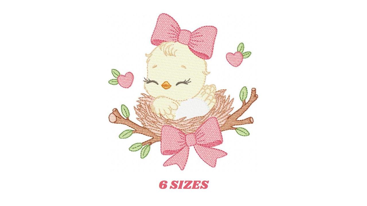 Bird embroidery designs - Baby Girl Bird with bow lace machine embroidery pattern - Spring Garden Nature file - Instant download jef pes dst