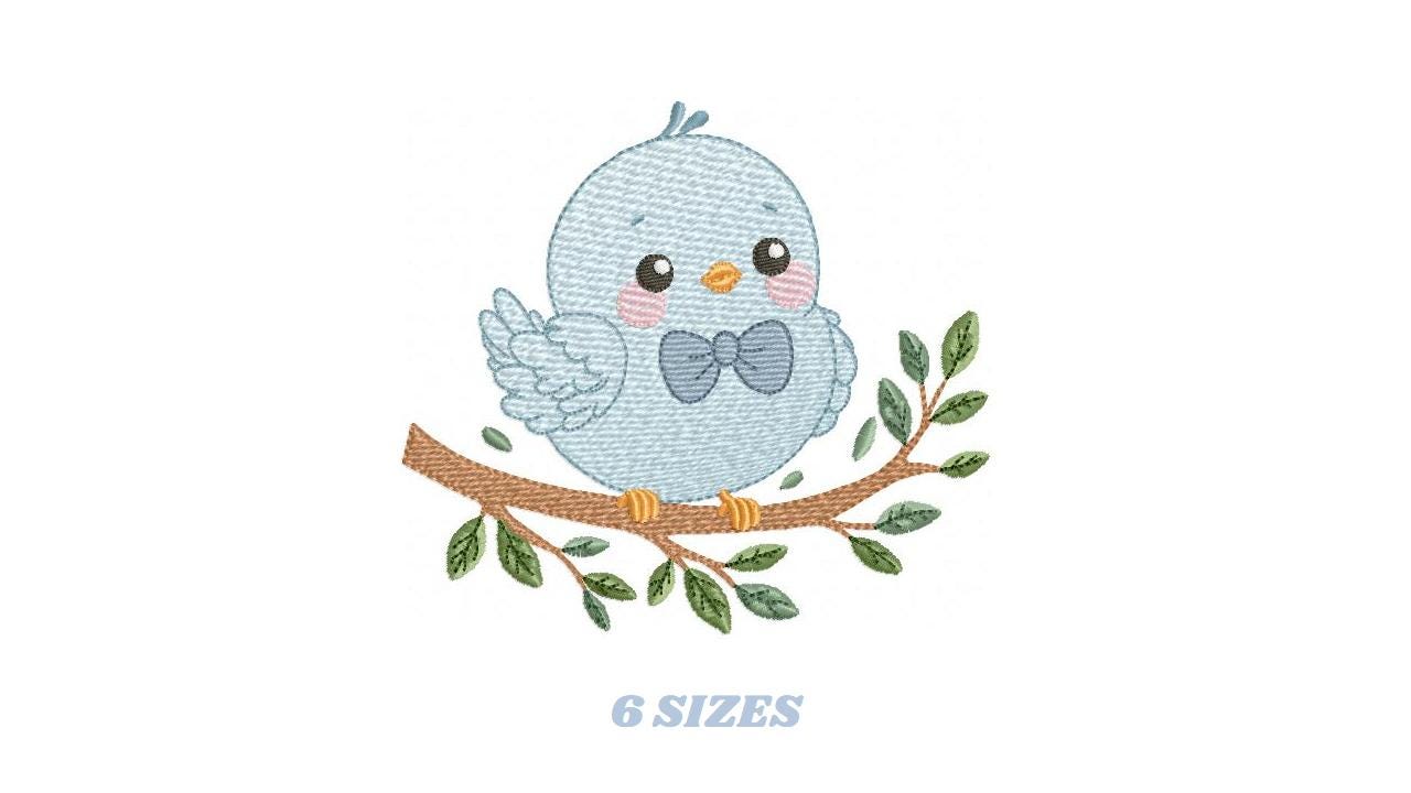 Bird embroidery designs - Baby boy bird with bow tie machine embroidery pattern - Spring Garden Nature - Instant download jef pes dst hus