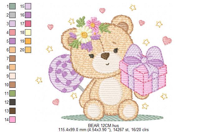 Birthday Teddy Bear embroidery designs - Baby girl bear machine embroidery pattern - Bear with gift file - Instant download pes jef dst hus
