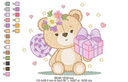 Birthday Teddy Bear embroidery designs - Baby girl bear machine embroidery pattern - Bear with gift file - Instant download pes jef dst hus