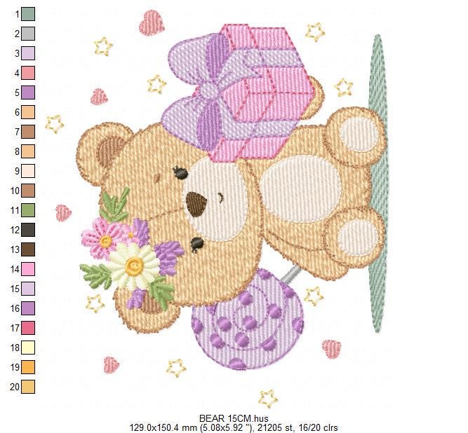 Birthday Teddy Bear embroidery designs - Baby girl bear machine embroidery pattern - Bear with gift file - Instant download pes jef dst hus