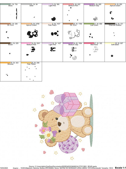 Birthday Teddy Bear embroidery designs - Baby girl bear machine embroidery pattern - Bear with gift file - Instant download pes jef dst hus