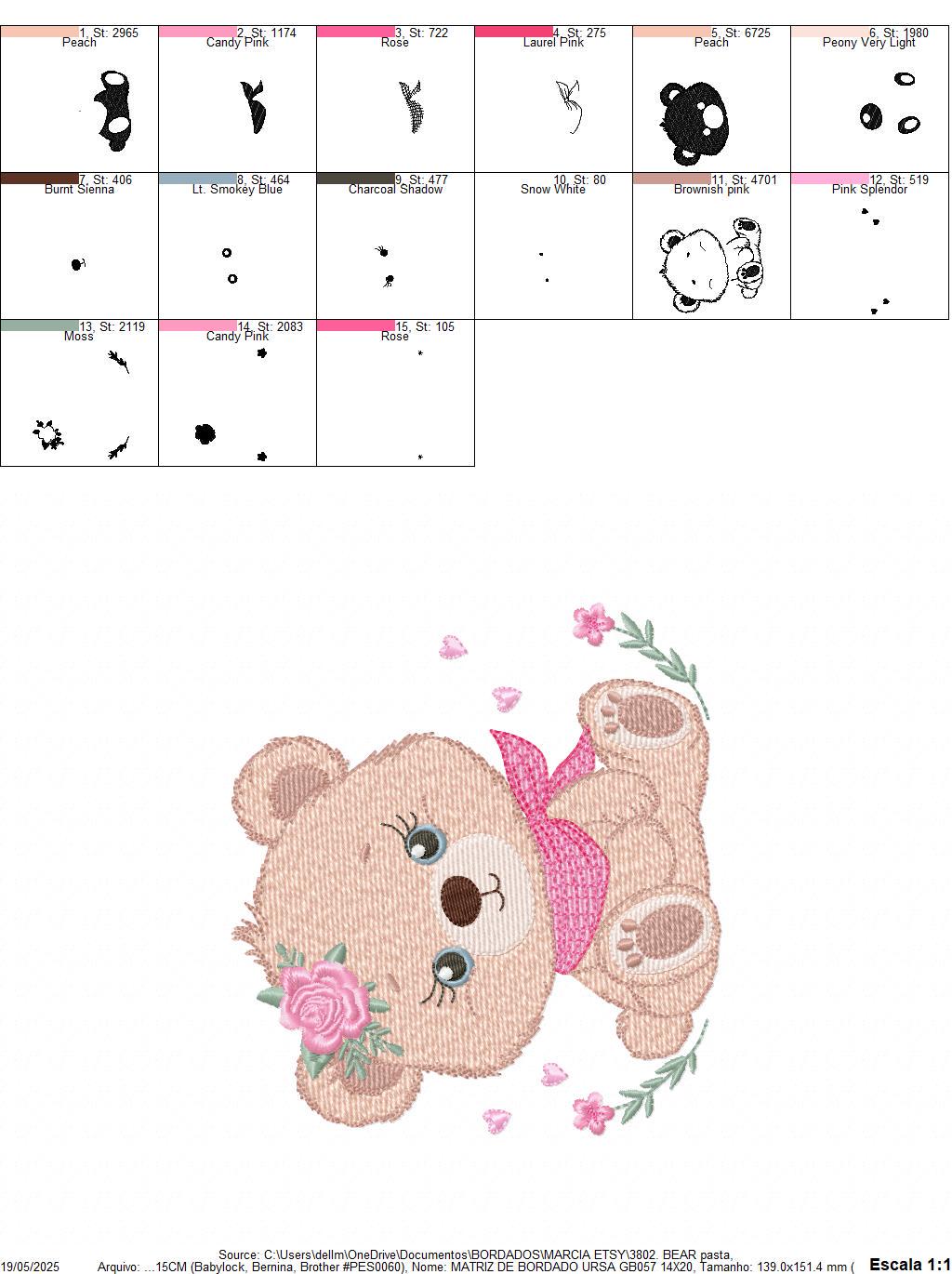 Teddy Bear embroidery designs - Baby girl bear with flowers machine embroidery pattern - Bear with bandana file - Instant download pes jef