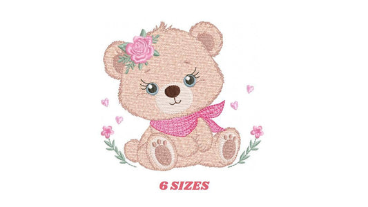 Teddy Bear embroidery designs - Baby girl bear with flowers machine embroidery pattern - Bear with bandana file - Instant download pes jef