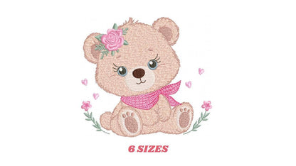 Teddy Bear embroidery designs - Baby girl bear with flowers machine embroidery pattern - Bear with bandana file - Instant download pes jef