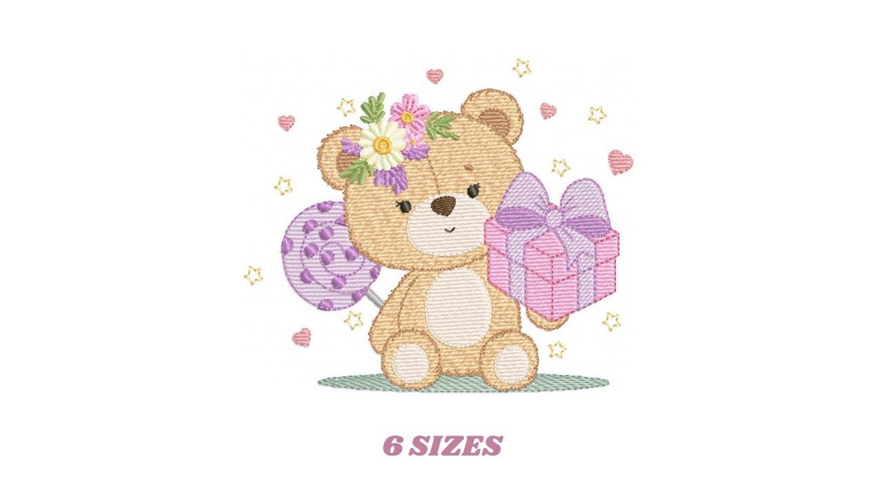 Birthday Teddy Bear embroidery designs - Baby girl bear machine embroidery pattern - Bear with gift file - Instant download pes jef dst hus