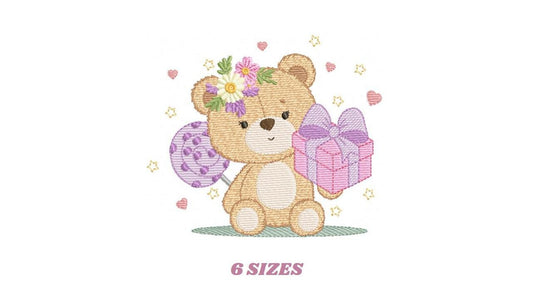 Birthday Teddy Bear embroidery designs - Baby girl bear machine embroidery pattern - Bear with gift file - Instant download pes jef dst hus