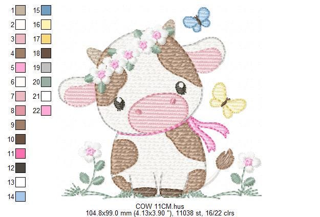 Cow embroidery design - Farm Animal with flowers and butterflies machine embroidery pattern - Baby Girl file - Instant download pes jef dst