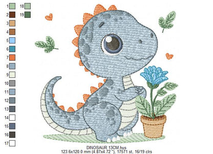 Dinosaur embroidery designs - Dino with flower machine embroidery pattern - Baby Boy Tyrannosaurus file T rex - Instant download pes jef dst