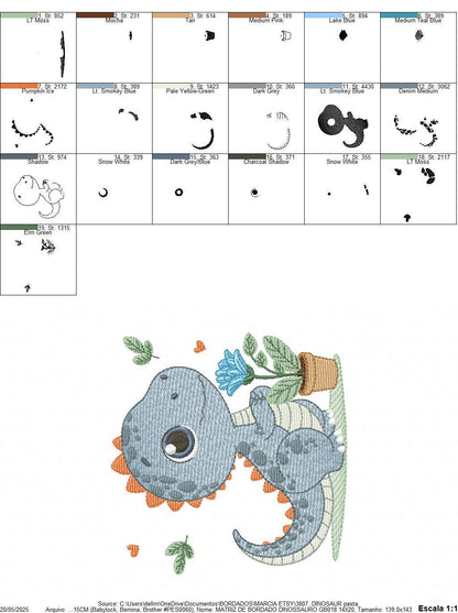 Dinosaur embroidery designs - Dino with flower machine embroidery pattern - Baby Boy Tyrannosaurus file T rex - Instant download pes jef dst