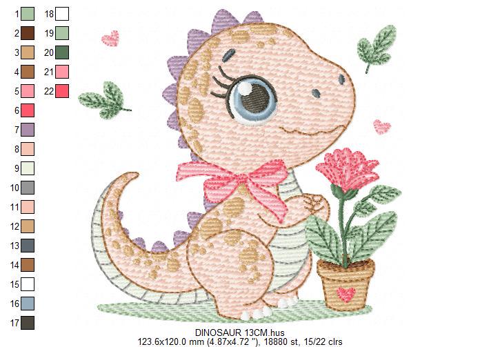 Dinosaur embroidery designs - Dino with flower machine embroidery pattern - Baby Girl Tyrannosaurus file T rex - Instant download pes jef