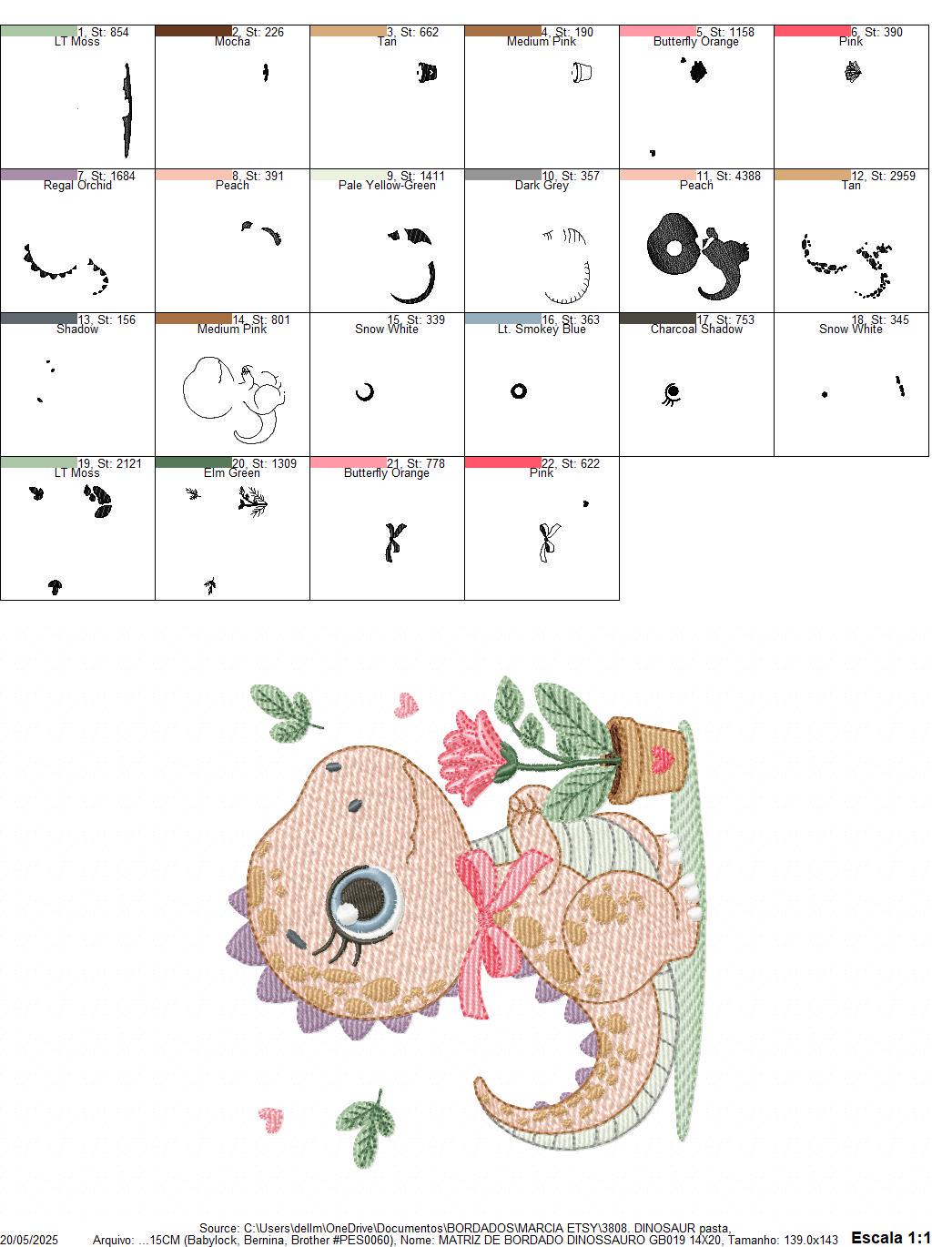 Dinosaur embroidery designs - Dino with flower machine embroidery pattern - Baby Girl Tyrannosaurus file T rex - Instant download pes jef
