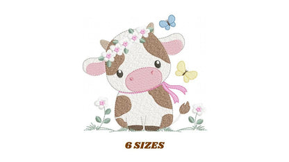 Cow embroidery design - Farm Animal with flowers and butterflies machine embroidery pattern - Baby Girl file - Instant download pes jef dst