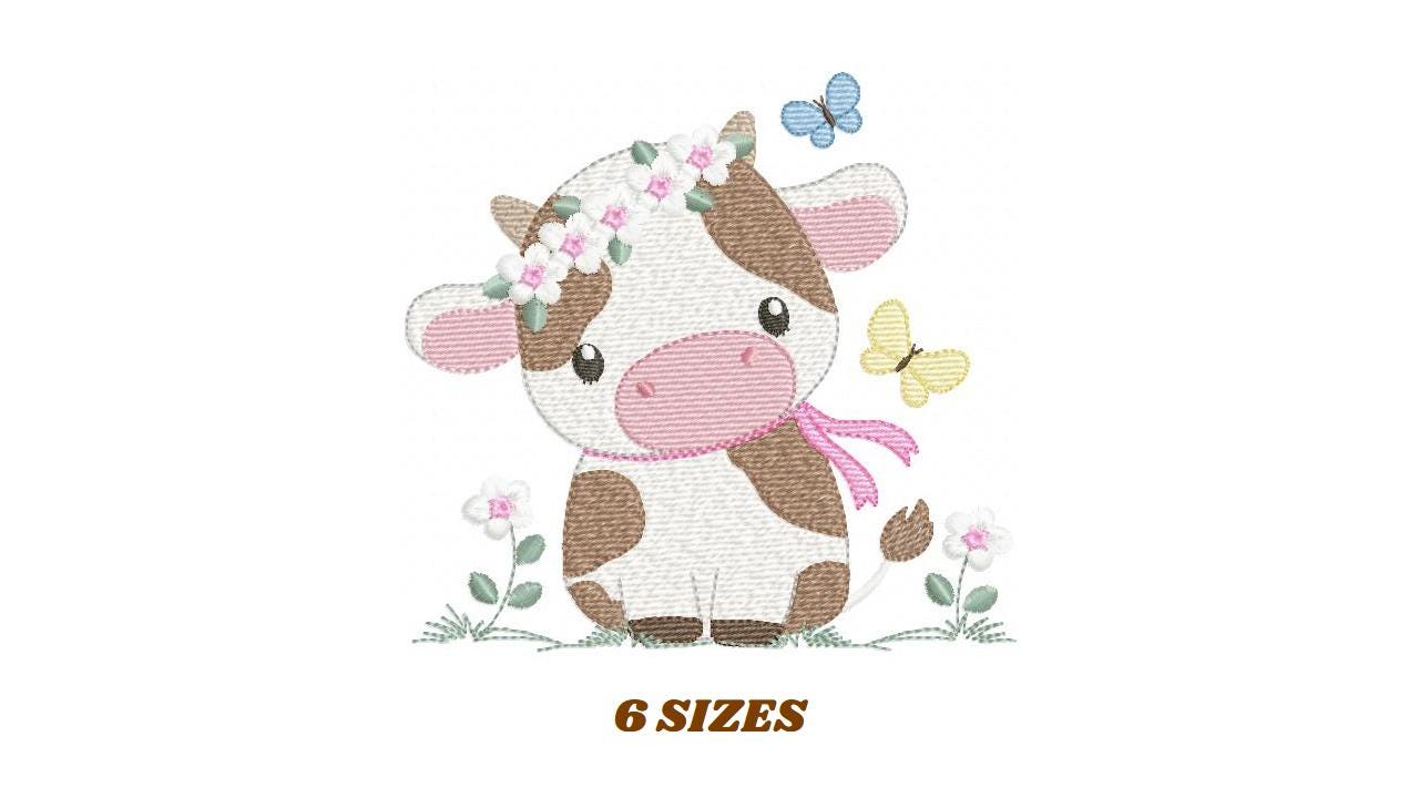 Cow embroidery design - Farm Animal with flowers and butterflies machine embroidery pattern - Baby Girl file - Instant download pes jef dst